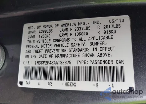 2010 Honda Accord 2.4 Lx-P z USA, uszkodzony, nr VIN 1HGCP2F48AA139675